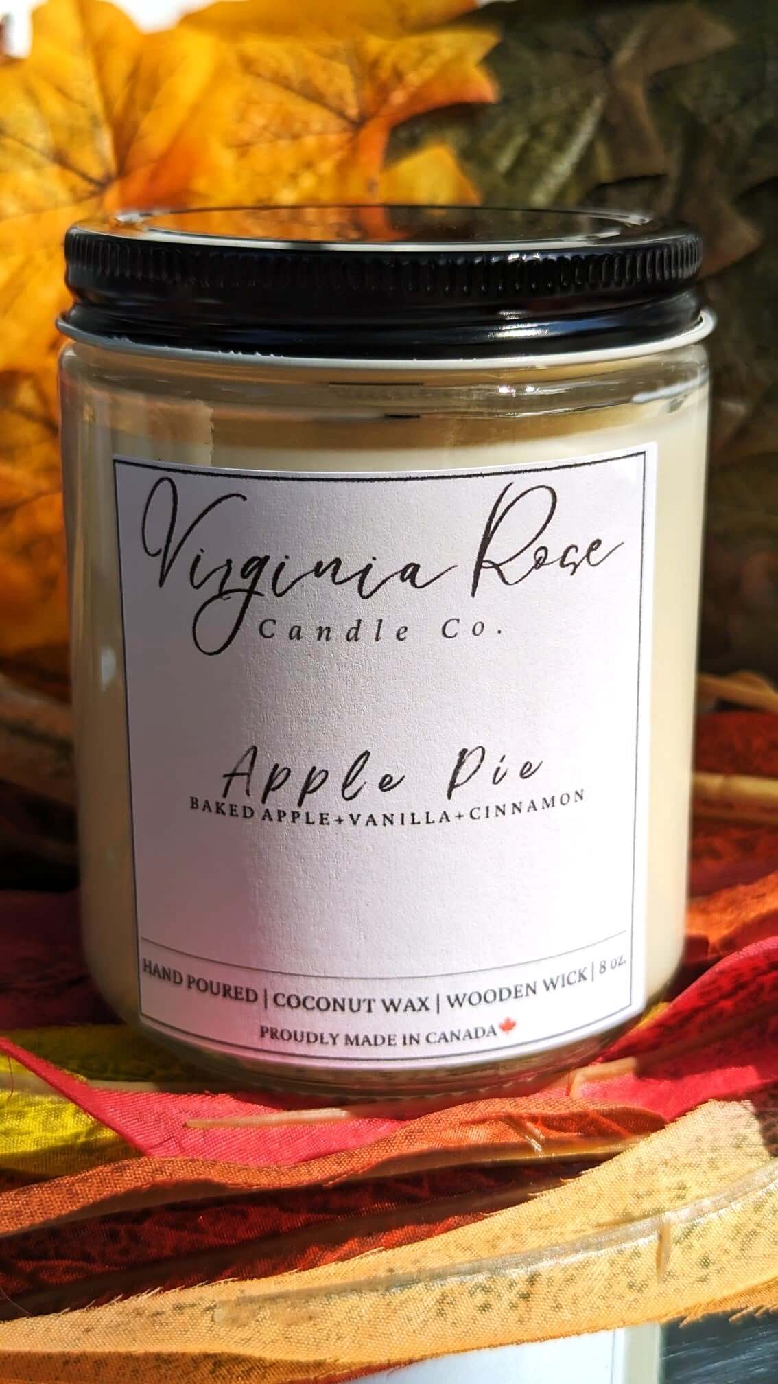  Jar with black lid with Virginia Rose Candle Co. Logo printed on it. The candle scent is Apple Pie.