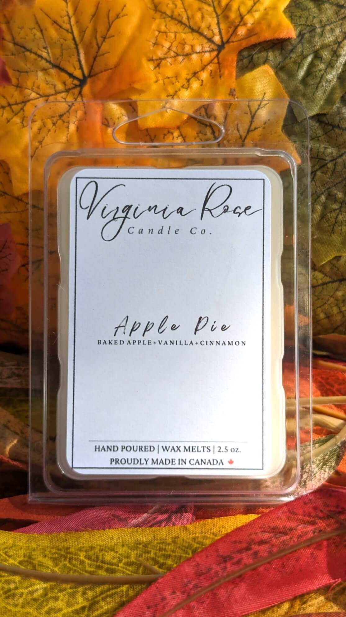 Plastic wax melt package with a Virginia Rose Candle Co. logo printed on it. The scent is Apple Pie.