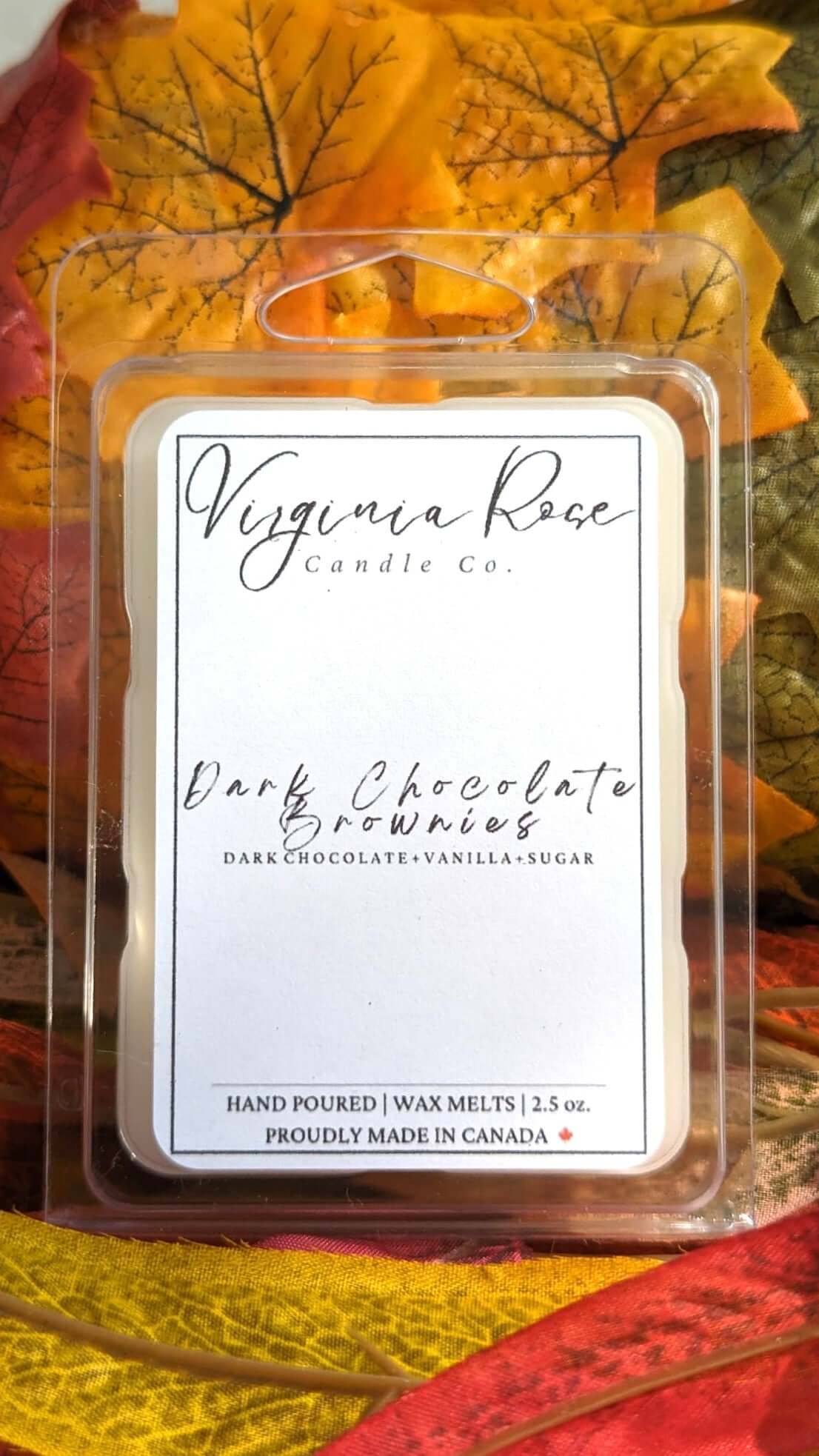 Plastic wax melt package with a Virginia Rose Candle Co. logo printed on it. The scent is Dark Chocolate Brownies.