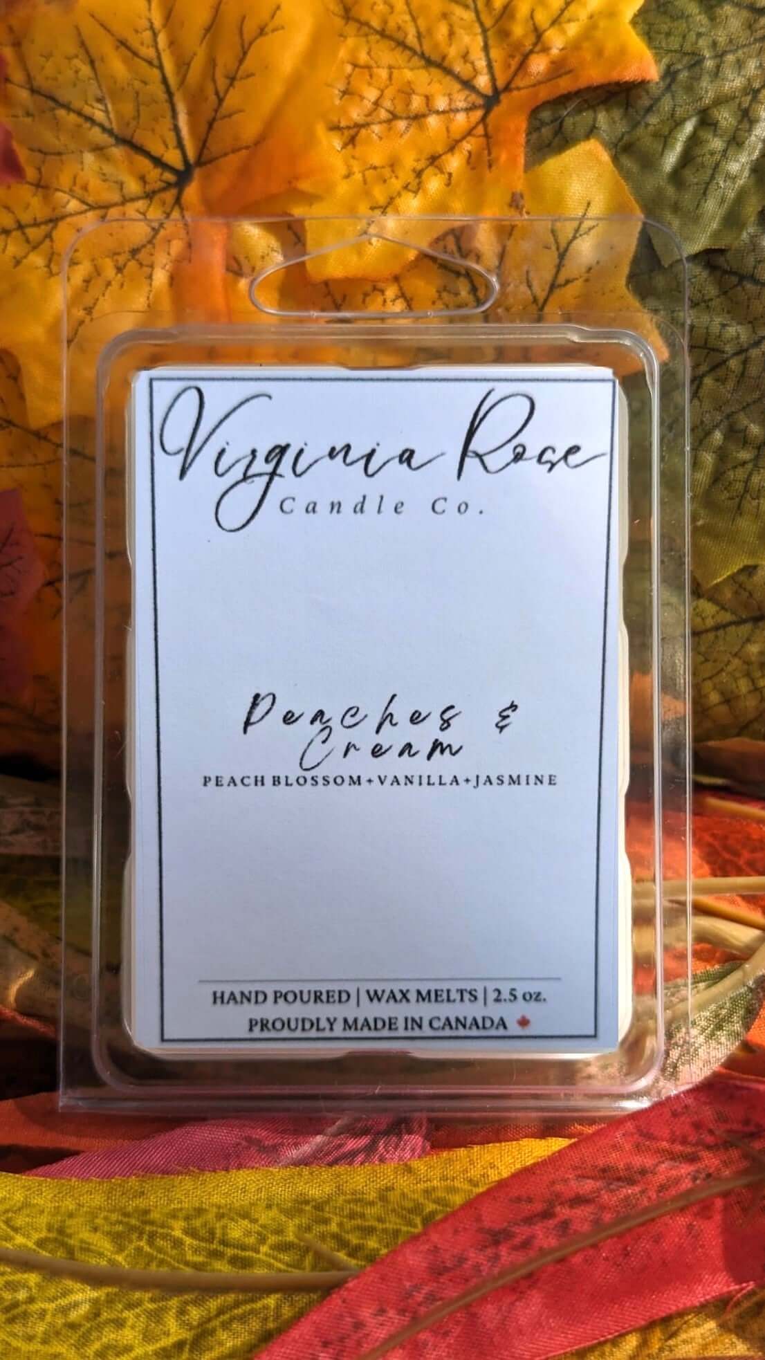 Plastic wax melt package with a Virginia Rose Candle Co. logo printed on it. The scent is Peaches and Cream.