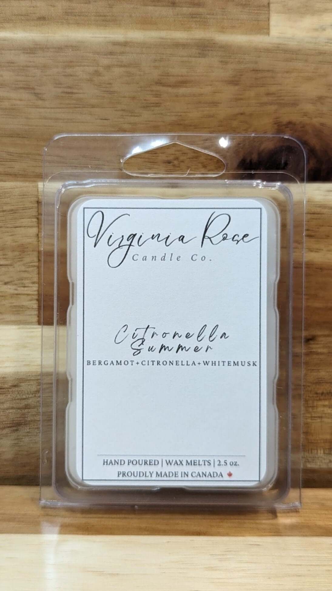 Plastic wax melt package with a Virginia Rose Candle Co. logo printed on it. The scent is Citronella Summer.