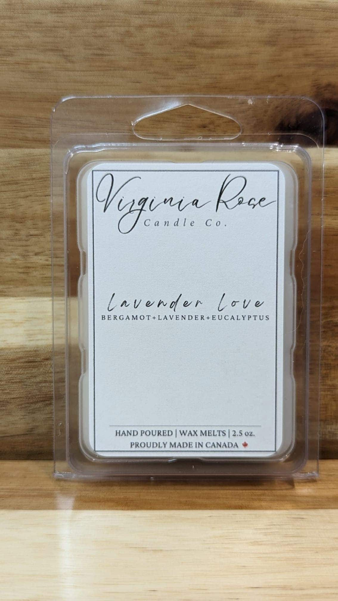 Plastic wax melt package with a Virginia Rose Candle Co. logo printed on it. The scent is Lavender Love.