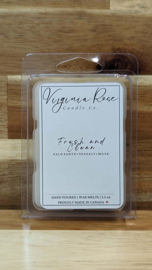 Plastic wax melt package with a Virginia Rose Candle Co. logo printed on it. The scent is Fresh and Clean.